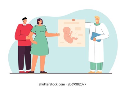 Doctor showing picture of embryo to married couple. Young family consulting medical professional about baby flat vector illustration. Medicine, fertility, pregnancy concept for banner or landing page