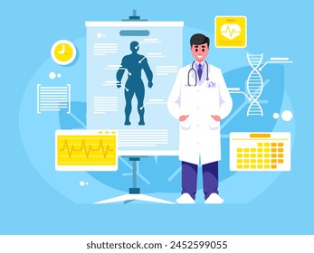 Doctor mostrando la presentación. Médico especialista en bata blanca con un estetoscopio. Flip chart con el cuerpo humano. Fondo del concepto de atención sanitaria. Vector gráfico