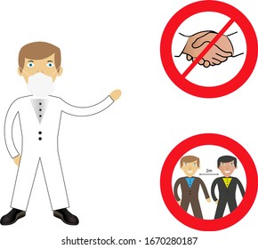 Doctor showing protection against coronavirus Covid-19. No handshake icon with red forbidden sign, avoiding physical contact and coronavirus infection. Forbidden handshake symbol concept. 