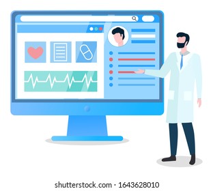 Doctor showing results of examination of patient. Monitor with information on pulse and treatment. Medical diagnosis with help of modern and innovative devices. Doc presenting screen with app vector