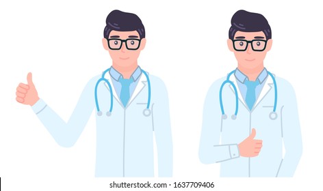 Doctor showing thumbs up sign. Male personage like, cool gesturing. Character agree, approve, accept, deal isolated vector illustration in cartoon flat style.