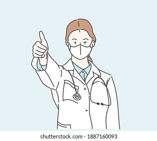 Doctor showing thumbs up sign, she wearing a medical mask. Virus protection concept idea. Hand drawn in thin line style, vector illustrations.