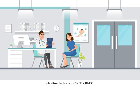 Doctor showing ultrasound sheet to pregnant woman at the hospital. Vector cartoon illustration