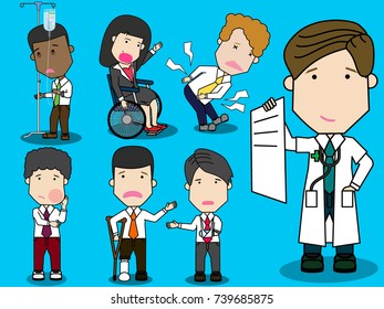 Doctor shows the cost list to the patient and employee character. Flat funny vector design.