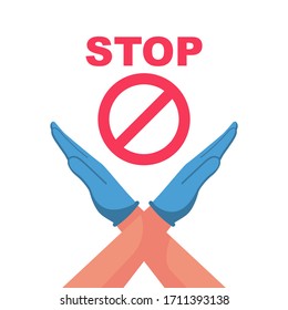 Doctor shows gesture crossed hands. Rejection expression crossing arms. Negative symbol. Stop red sign. Saying no. Defense or restriction. Vector illustration flat design. 