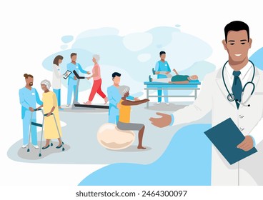 The doctor shows how elderly patients undergo orthopedic rehabilitation with a physiotherapist. Rehabilitation of the elderly. Restoring health after illness and injury. Flat vector illustrations.