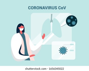 El doctor muestra pulmones producidos por Coronaviru.  Enfermedad por CoV. Campaña de sensibilización. Ilustración vectorial plana.