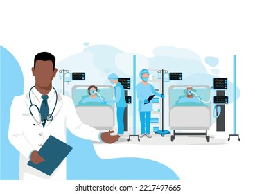 The doctor shows a modern intensive care board where nurses take care of the sick. Thank you nurses and doctors. Medical technology and life saving. Vector illustration.