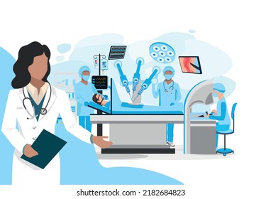 The doctor shows a modern operating room. Medical equipment for surgical operations. Thank you doctors and nurses. Vector illustration isolated on white background.