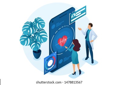 Doctor shows the patient how to use the application to maintain health. Health care concept. 3d isometric. Concept for web design