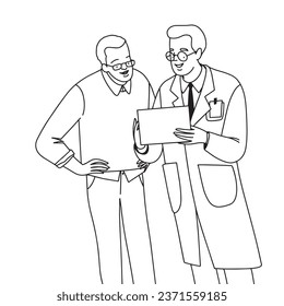 The doctor shows the patient the results of the tests, line flat vector minimalistic illustration. Vector illustration