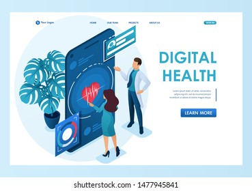 Doctor shows the Doctor showshow to use the application to maintain health. Health care concept. 3d isometric. Landing page concepts and web design-01