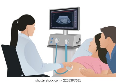 The doctor shows an ultrasound scan to a young couple. Happy moments of marriage, pregnancy, future parents. Vector illustration