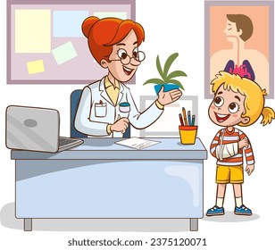 doctor and sick children talking vector illustration.children with broken arm and doctor.