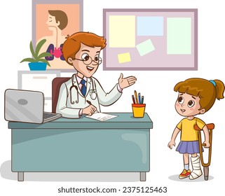 doctor and sick children talking vector illustration.girl child with broken leg