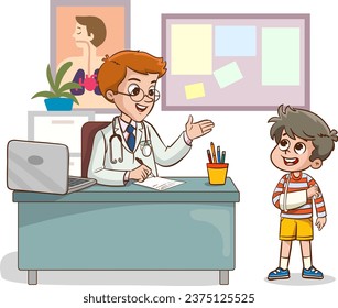 doctor and sick children talking vector illustration.children with broken arm and doctor.