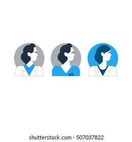 Doctor Side View, Man Turned Head, Medical Worker, Surgeon, Assistant, Physician. Flat Design Vector Illustration. Female Character Turned Head