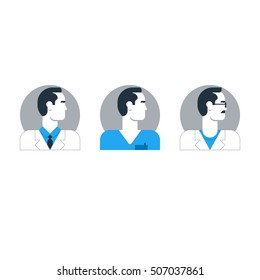 Doctor Side View, Man Turned Head, Medical Worker, Surgeon, Assistant, Physician. Flat Design Vector Illustration. Male Character Turned Head