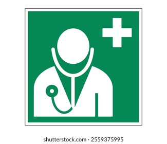 Doctor Sign Featuring a Green Background with White Doctor Silhouette and Medical Cross, Indicating the Presence of Medical Services, Available as a Vector File, ISO 7010 E009