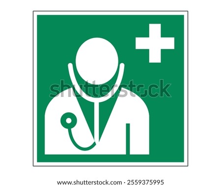 Doctor Sign Featuring a Green Background with White Doctor Silhouette and Medical Cross, Indicating the Presence of Medical Services, Available as a Vector File, ISO 7010 E009