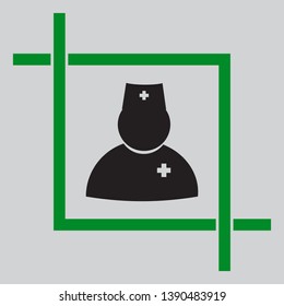 Doctor sign illustration. Black icon inside green crop tool at light gray background