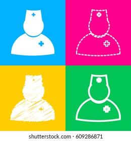 Doctor sign illustration. Four styles of icon on four color squares.