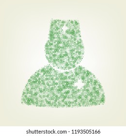 Doctor sign illustration. Vector. Green hexagon rastered icon and noised opacity and size at light green background with central light.