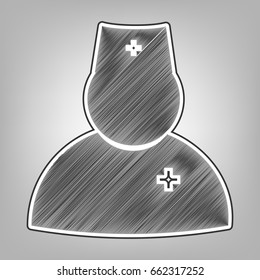 Doctor sign illustration. Vector. Pencil sketch imitation. Dark gray scribble icon with dark gray outer contour at gray background.