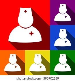 Doctor sign illustration. Vector. Set of icons with flat shadows at red, orange, yellow, green, blue and violet background.