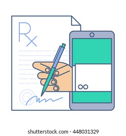 Doctor signing a prescription rx blank by phone. Telemedicine and telehealth vector flat line concept illustration. Medic from phone puts his signature on the document. Tele health and online medicine