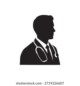 Diseño plano del Vector del icono de la silueta del doctor sobre fondo blanco
