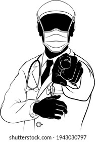 A doctor in silhouette wearing PPE mask and pointing with his finger in a Needs You gesture.