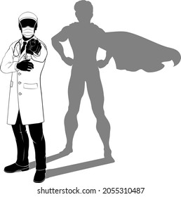 A doctor in silhouette wearing PPE mask and pointing with his finger in a Needs You gesture. Revealed as a super hero by his shadow.
