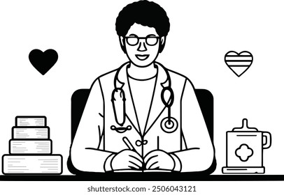 Doctor Sit at his table with a book in Black and white