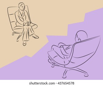 the doctor sits in his chair and looks at a patient who is also sitting in the chair. Illustration on the theme of a consultation of the patient at the doctor's psychiatrist