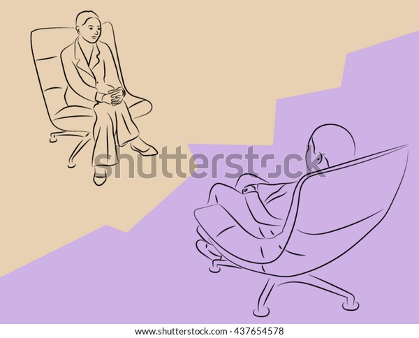the doctor sits in\
his chair and looks at a patient who is also sitting in the chair.\
Illustration on the theme of a consultation of the patient at the\
doctor\'s psychiatrist