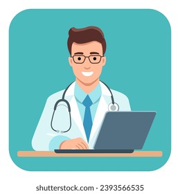 The doctor sits at a laptop and conducts a consultation. Vector flat illustration