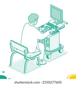 Doctor sits on a chair in front of ultrasound scanner machine. Expert performing ultrasound technology for early detection of illness. Vector illustration. Isometric outline concept. Clinic office.