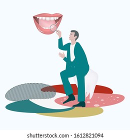 Doctor sits on molar, magnifier in hand, looks in open mouth, teeth - abstract background - vector. International Dentist Day. Happy Dentist Day.