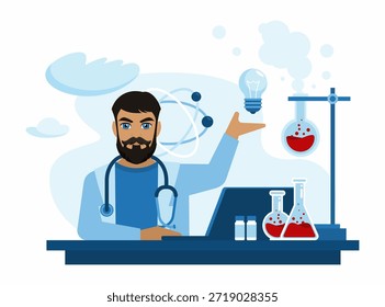 El médico se sienta a la mesa e ingresa los datos de análisis en una computadora portátil. Un investigador que lleva a cabo investigaciones sobre la molécula de ADN. Concepto científico y médico. Ilustración vectorial en un estilo plano