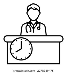A doctor sitting behind desk line icon. Simple outline style. Person, work, document folder, table, chair, seat, clock, office hour, workplace concept. Vector illustration design logo symbol.