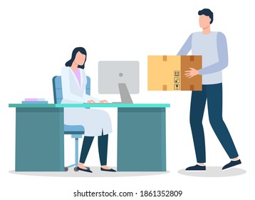 Doctor sitting in cabinet at hospital. Courier carry carton box to deliver to receiver. Shipment and delivery parcels from post to door. Woman work on computer. Vector illustration in flat style