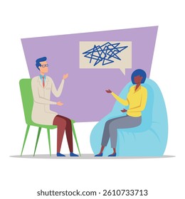 Doctor sitting in chair discussing health matters with patient seated comfortably in large chair. Medical consultation concept