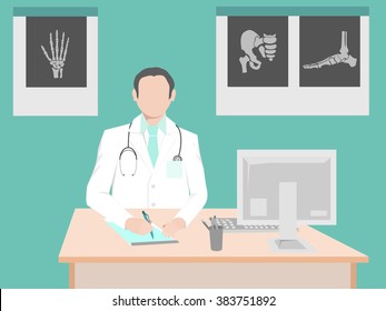 Doctor sitting at the desk in the office. Behind the doctor on the wall hang x-rays of the hand and thigh and foot. Doctor writes diagnosis or prescription.