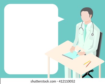 Doctor sitting at the desk in the office in isometric view. Doctor writes diagnosis. To the left of doctor is a communication bubble in which you can record your info. It can be used for web chats.