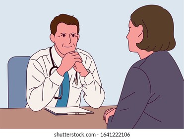 The doctor is sitting at a desk, putting both hands on his chin and listening to the patient. hand drawn style vector design illustrations. 