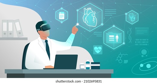 Doctor Sitting At Desk And Working In His Office, He Is Interacting With Virtual Reality And Checking Electronic Medical Records Of His Patients