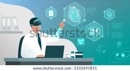 Doctor sitting at desk and working in his office, he is interacting with virtual reality and checking electronic medical records of his patients