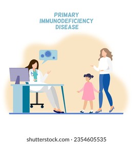 Una doctora sentada, explicando sobre los niños, una madre parada al lado de un niño. Concepto de inmunodeficiencia primaria en niños.  Obra de arte de color pastel.