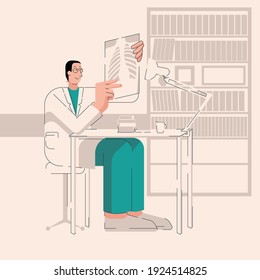 Doktor sitzt an seinem Arbeitstisch und betrachtet Röntgenbild. Prüfmaterial, Forschung, Fluor-Ergebnis. Flacher geometrischer Stil, nicht standardmäßige Proportionen für menschliche Charaktere. 